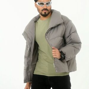 Gray Puffer Jacket with High Collar and Relaxed Fit